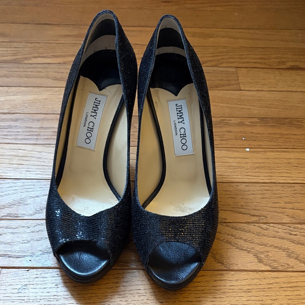 Jimmy Choo Glitter Black Peep Toe Heels